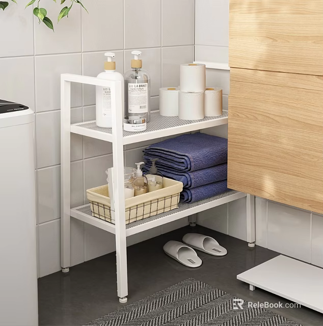 White 3 Tier Bathroom Shelf with Toiletries Toilet Paper Rolls Towels Basket and Wooden Cabinet 3d model 