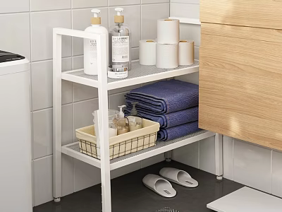 White 3 Tier Bathroom Shelf with Toiletries Toilet Paper Rolls Towels Basket and Wooden Cabinet 3d model