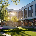 Garden Landscape Design for Modern Commercial Street with Palm Trees Night Lighting and Pedestrians