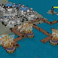 Medieval Castle With Blue Roofs White Walls Towers And Ship On Island