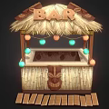 Tiki Bar Booth With Thatched Roof BAR Sign Colorful Lights Bamboo Structure And Wooden Steps
