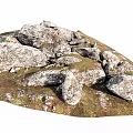 Natural Stone and Wood Pile with Green Grass and Textured Surfaces