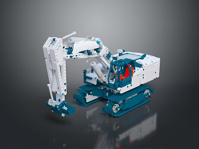White and Blue Utility Vehicle Excavator Design With Tracks Cab and Red Seat 3d model