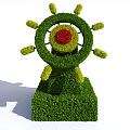 Wheel Shaped Topiary Bush with Red Center and Green Branches on Base