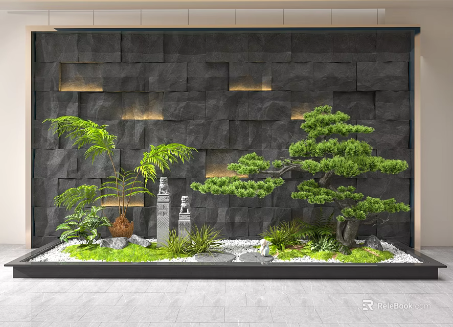 Landscape Feature Wall With Dark Stone Recessed Lighting Pine Tree Green Plants And Stone Decorations 3d model 