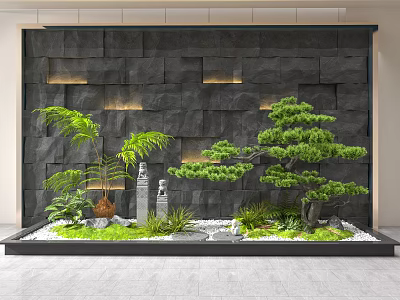 Landscape Feature Wall With Dark Stone Recessed Lighting Pine Tree Green Plants And Stone Decorations 3d model