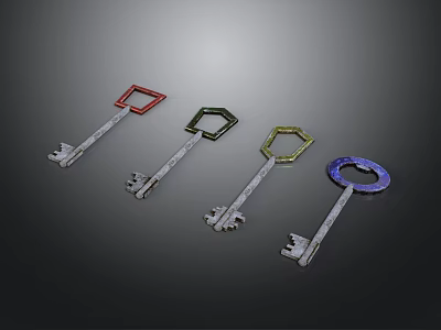 Various Colored Metal Keys With Different Shaped Keyheads Square Hexagonal Octagonal Circular 3d model