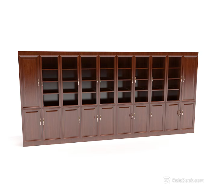 Wooden Bookcase With Glass Door Shelves And Storage Cabinets In Brown Finish 3d model 
