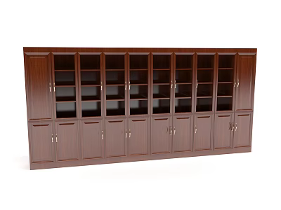 Wooden Bookcase With Glass Door Shelves And Storage Cabinets In Brown Finish 3d model