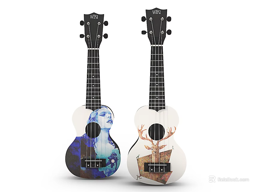 Hand Painted Ukuleles With Female Face Deer And Tree Artistic Decorative Designs 3d model 