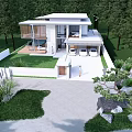Modern Detached Villa With Glass Facade Lush Greenery Driveway And Patio