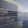 Modern Sales Office Building Featuring Glass Curtain Wall Water Feature And Outdoor Seating Area