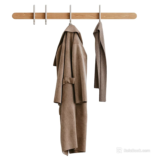 Cozy Brown Winter Clothing With Long Coat And Knitted Sweater Hanging On Hooks 3d model 