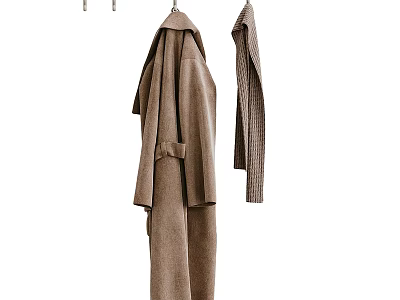 Cozy Brown Winter Clothing With Long Coat And Knitted Sweater Hanging On Hooks 3d model