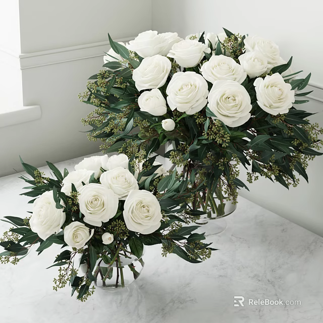 White Roses Arrangement in Clear Vases with Green Leaves on Marble Countertop 3d model 