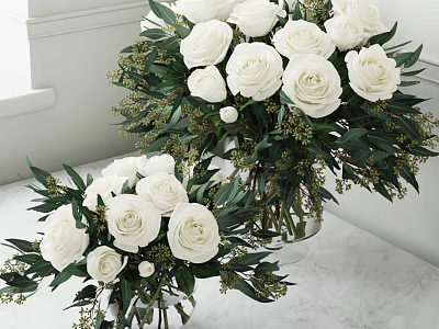 White Roses Arrangement in Clear Vases with Green Leaves on Marble Countertop 3d model