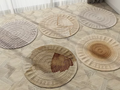 Five Circular Woven Rugs With Light Brown Beige Striped Central Patterns On Light Floor 3d model