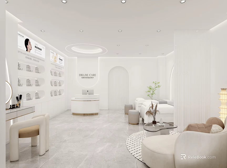 Bright Minimalist All White Beauty Salon Interior Design With Comfortable Reception Leisure And Treatment Spaces 3d model 