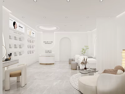 Bright Minimalist All White Beauty Salon Interior Design With Comfortable Reception Leisure And Treatment Spaces 3d model