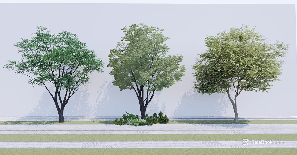 Three Arbor Trees with Lush Green Foliage in Landscaped Area with Bushes and Paved Ground 3d model 