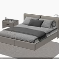 Modern Double Bed With Beige Upholstered Headboard White Sheets Gray Blanket Nightstands And Green Plant