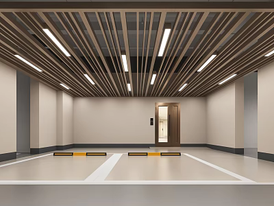 Indoor Parking Garage With Wooden Slat Ceiling Linear Lights Parking Lines And Yellow Wheel Stops 3d model
