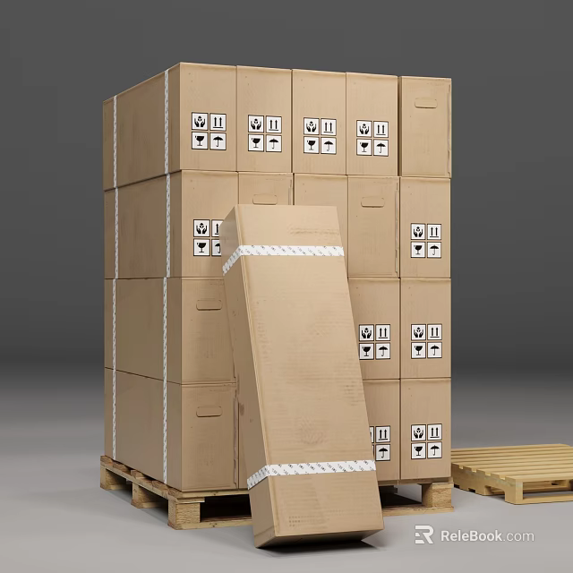 Sturdy Stacked Cartons Stored On Wooden Pallets With Handling Symbols And Labels 3d model 