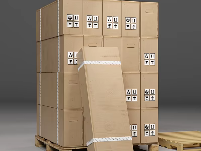 Sturdy Stacked Cartons Stored On Wooden Pallets With Handling Symbols And Labels 3d model