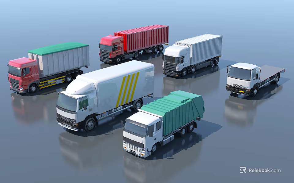 Various Types Of Commercial Trucks With Colorful Cargo Containers And Designs 3d model 