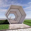 Hexagonal Pergola with Layered Frames and Lighting Overlooking Seaside View Through Stone Pathway