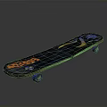 Man Riding Dark Blue Skateboard With Orange Yellow Patterns And Blue Wheels