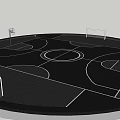 Modern Circular Basketball Court With Black Floor White Lines And Hoops