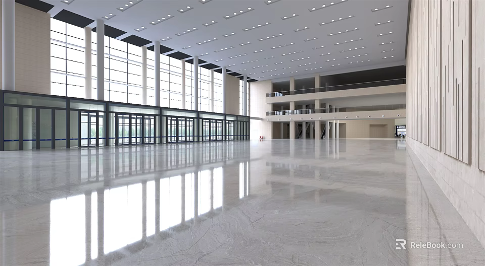 Reception Desk in Spacious Hall with Large Glass Windows Polished Marble Floor Multi Level Lighting 3d model 