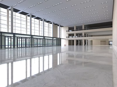 Reception Desk in Spacious Hall with Large Glass Windows Polished Marble Floor Multi Level Lighting 3d model