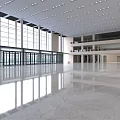 Reception Desk in Spacious Hall with Large Glass Windows Polished Marble Floor Multi Level Lighting