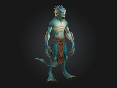 Blue Skinned Humanoid Game And Movie Character With Scaly Texture Finned Head And Brown Loincloth 3d model