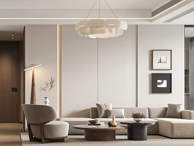 Modern Living Dining Room Interior Design With Pendant Light Sofa Coffee Tables And Decorative Paintings 3d model