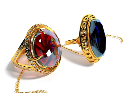 Two Gold Rings Adorned With Colorful Gemstones Diamond Accents And Chains 3d model