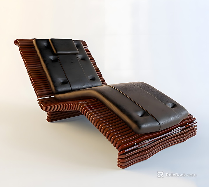 Stylish Modern Lounge Chair With Black Leather Cushion And Wooden Striped Frame 3d model 