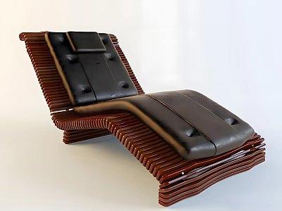 Stylish Modern Lounge Chair With Black Leather Cushion And Wooden Striped Frame 3d model