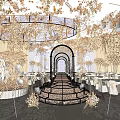 Luxurious Banquet Hall With Golden Floral Decor Ornate Archway White Tables and Chairs Marble Floor