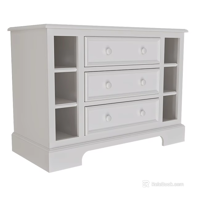 White Entryway Cabinet And Sideboard With Three Drawers Round Knobs Open Shelves Simple Design Storage 3d model 