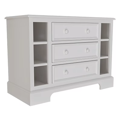 White Entryway Cabinet And Sideboard With Three Drawers Round Knobs Open Shelves Simple Design Storage 3d model