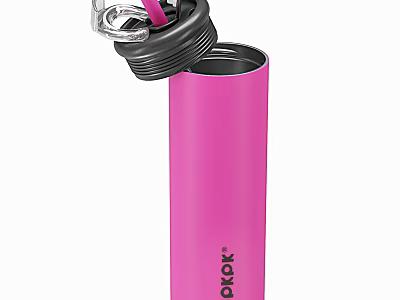 Pink Tumbler With Black Open Lid And Kick Brand Design 3d model