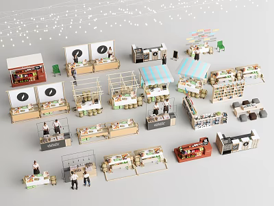 Miniature Market Stall Models Featuring Various Designs Awnings And Display Counters 3d model