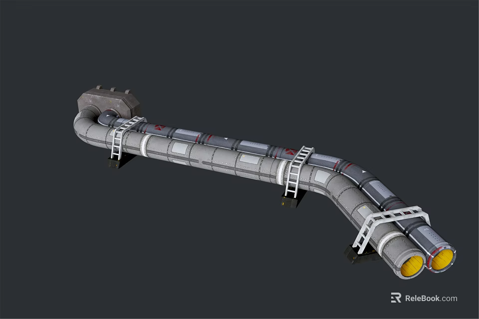 Industrial Metallic Pipeline Structure With Ladders And Yellow End Connections 3d model 