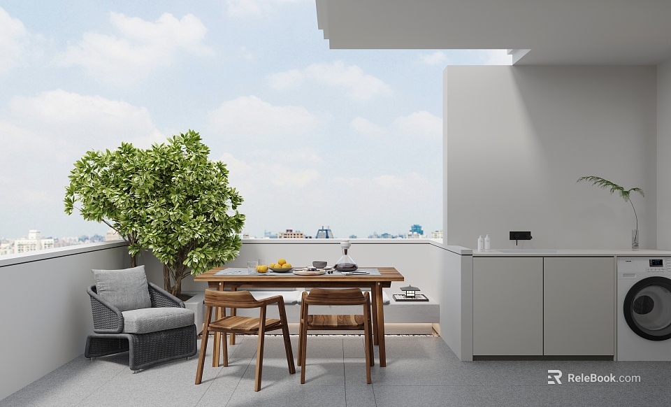 Modern Home Balcony With Wooden Table Chairs Gray Lounge Chair Green Plant And City View 3d model 