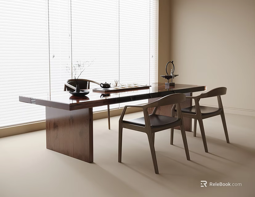 Modern Wooden Tea Table and Chairs with Teapot and Window Blinds Setup 3d model 
