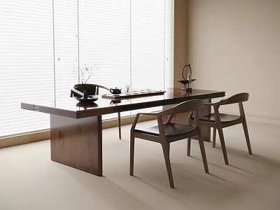 Modern Wooden Tea Table and Chairs with Teapot and Window Blinds Setup 3d model