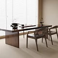 Modern Wooden Tea Table and Chairs with Teapot and Window Blinds Setup